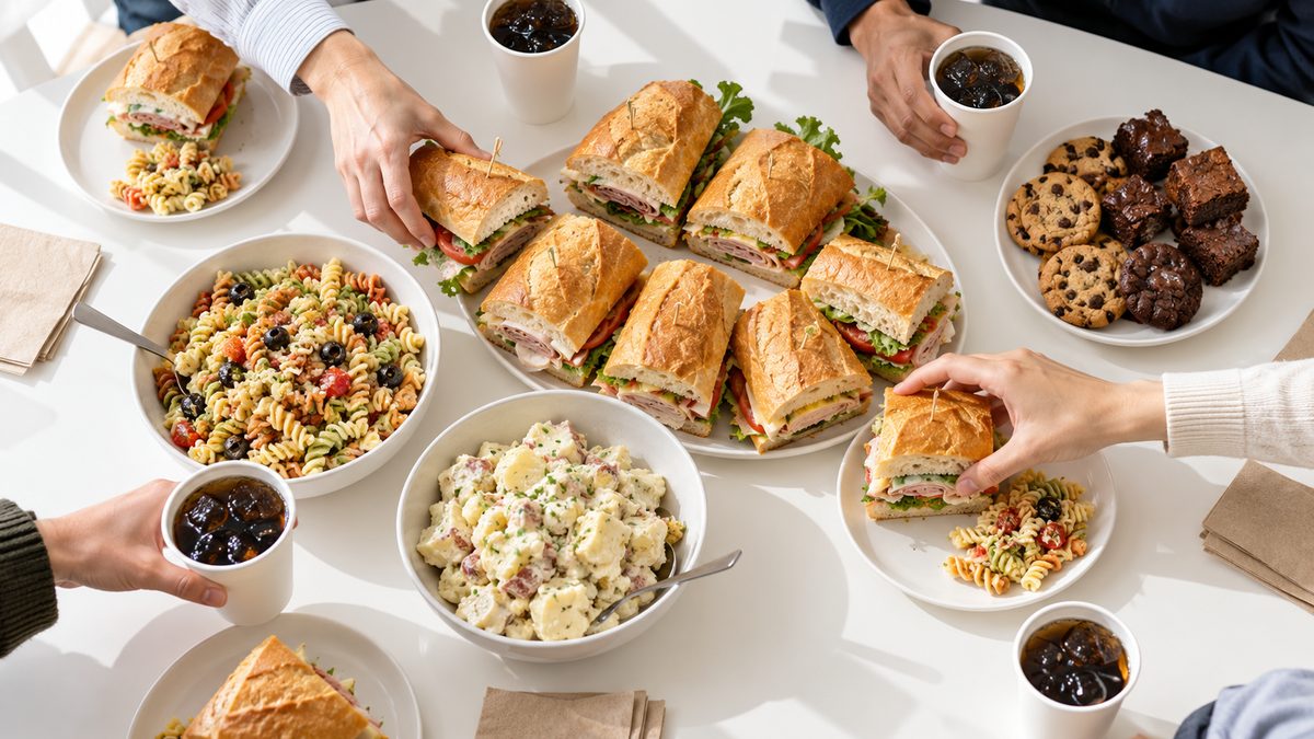 Office lunch spread with sandwiches, pasta salad, potato salad, cookies and brownies