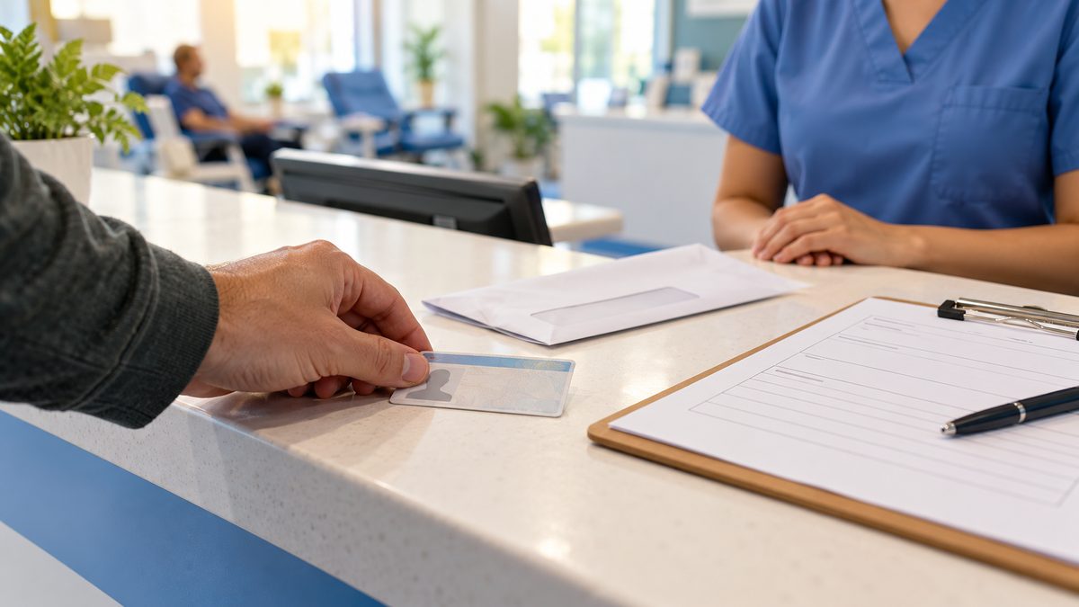 First-time plasma donor handing a photo ID and proof of address at the reception desk