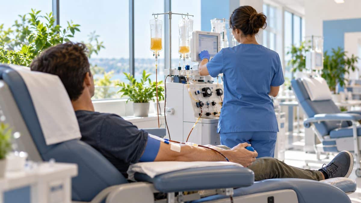 Adult donor relaxing in a reclining chair during a plasma donation at a bright, modern donation center