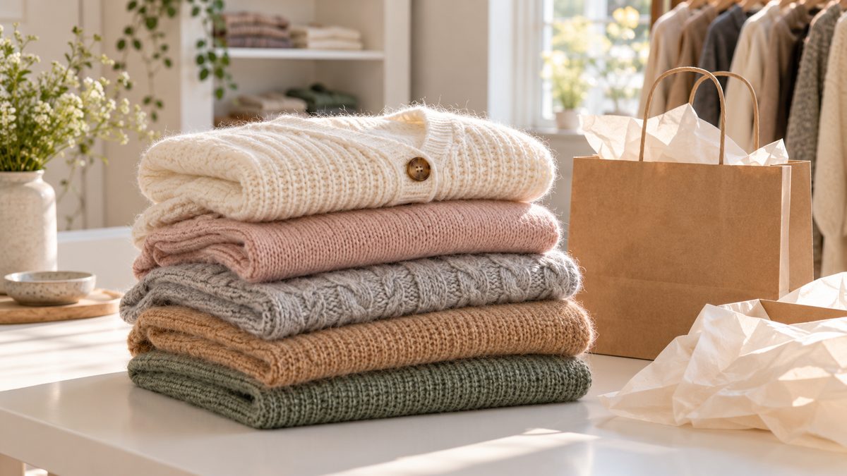 Stack of folded knit sweaters next to a kraft shopping bag in a boutique