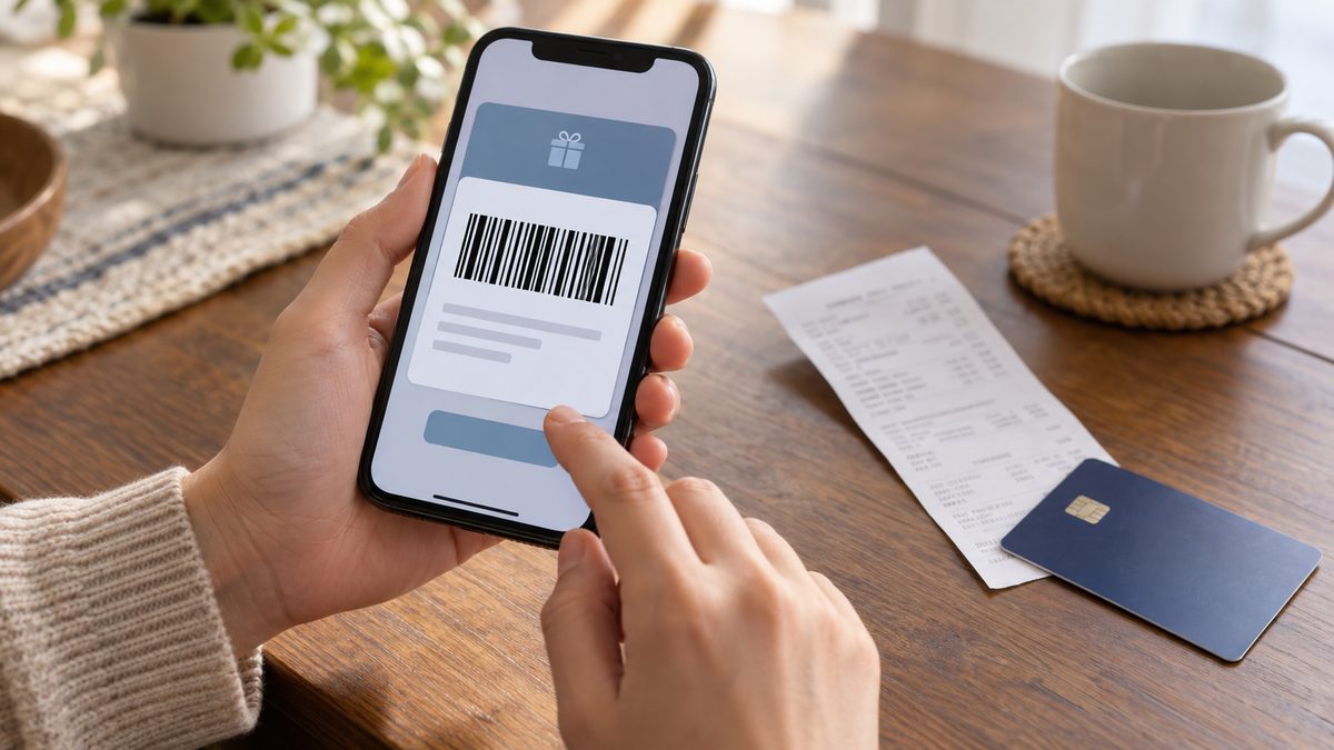 Smartphone showing a digital coupon barcode next to a printed receipt and a payment card