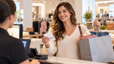 Smiling shopper at a department store checkout holding a printed paper coupon and a shopping bag