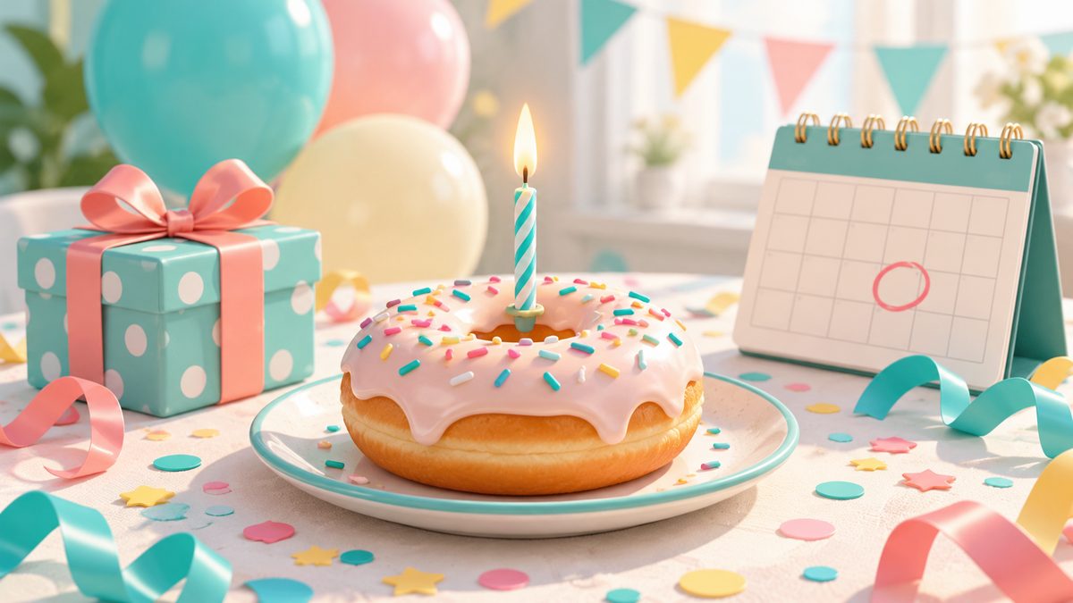 Birthday doughnut with a lit candle, a gift box and a calendar with a circled date