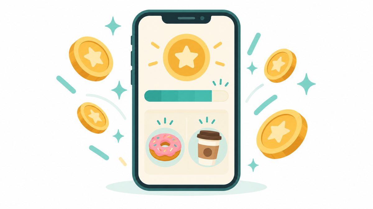 Illustration of a phone rewards screen with a progress bar, doughnut and coffee icons and coins