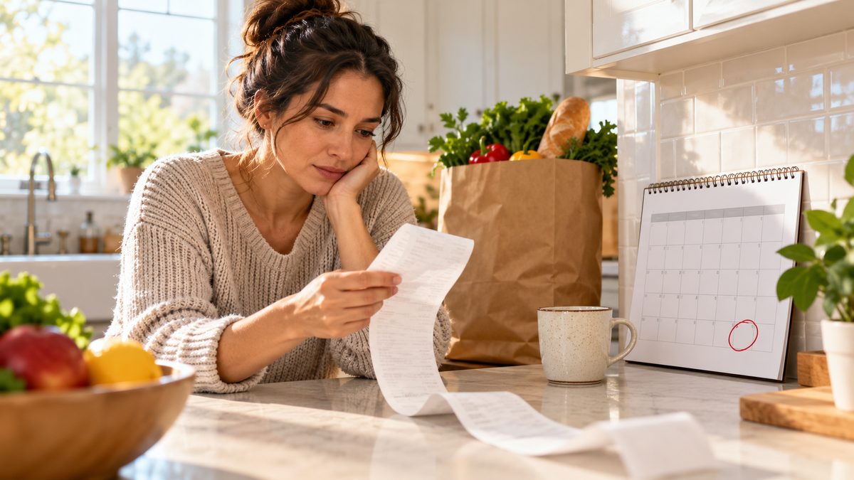 Shopper reviewing a grocery receipt and a calendar at a kitchen counter to track rewards points before they expire