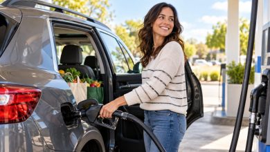 Driver refueling a car at a bright self-service gas station after grocery shopping, with grocery bags on the back seat