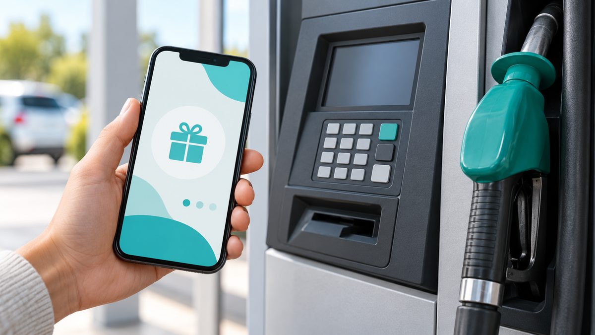 Hand holding a smartphone near a fuel pump keypad, ready to apply a rewards discount before pumping gas