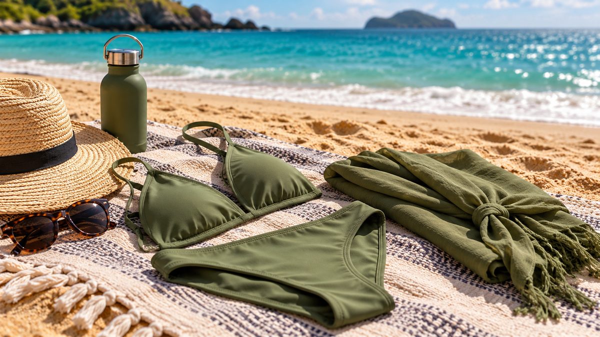 Green bikini and sarong folded on a woven towel on a sunny beach