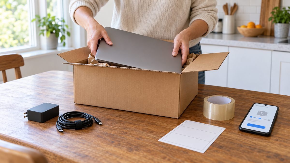 Person packing a laptop and its charger into a cardboard box with a return shipping label