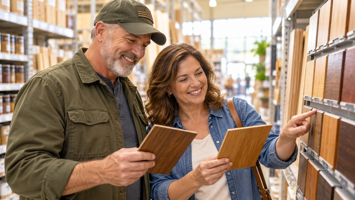 Veteran and spouse comparing stain samples in a home improvement store aisle