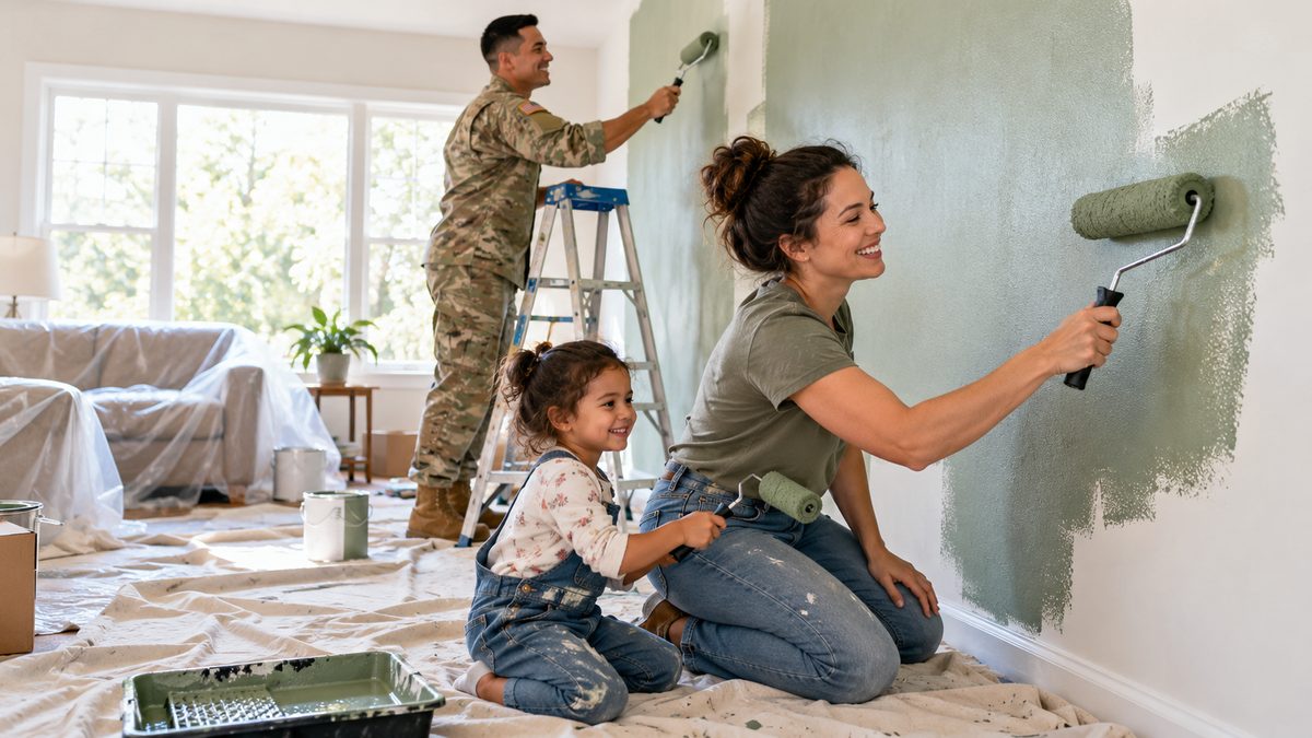 Military family painting a living room wall together during a home project