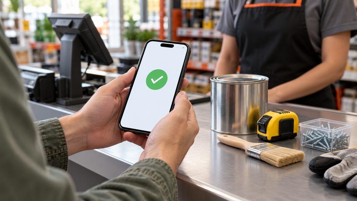 Shopper verifying military status on a smartphone at a store checkout counter