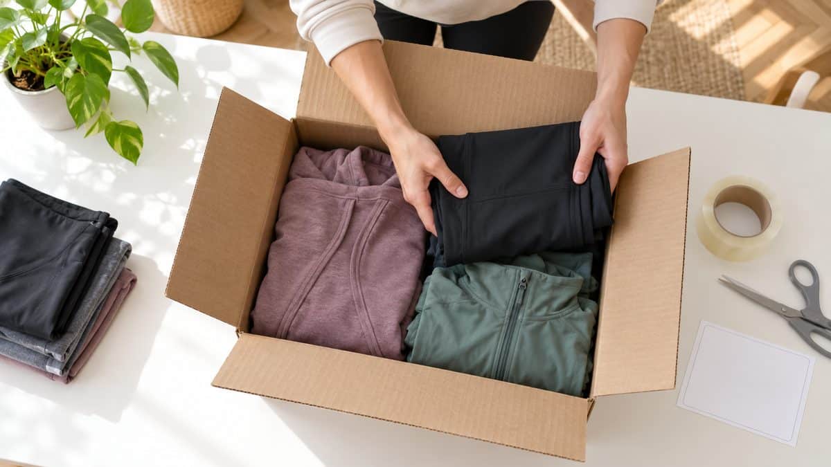 Hands packing folded activewear into a shipping box