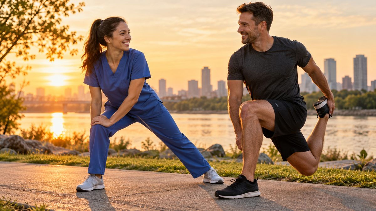 Nurse and firefighter stretching outdoors in activewear