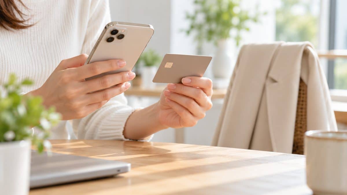 Person holding a smartphone and a credit card at a desk with a garment draped over a chair