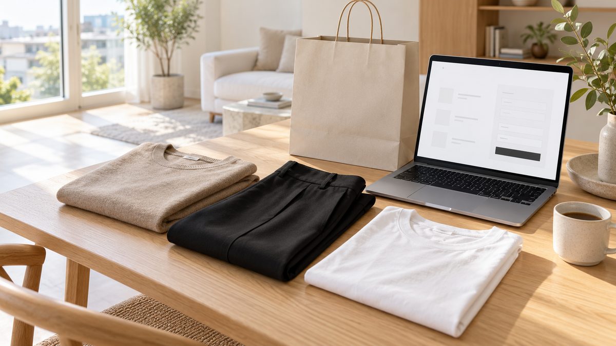 Folded minimalist neutral-toned clothing and a shopping bag on a bright table next to a laptop showing an online checkout