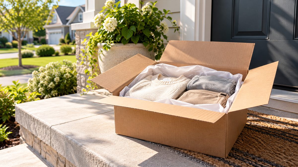 Shipping box with tissue-wrapped clothing on a doorstep in bright daylight