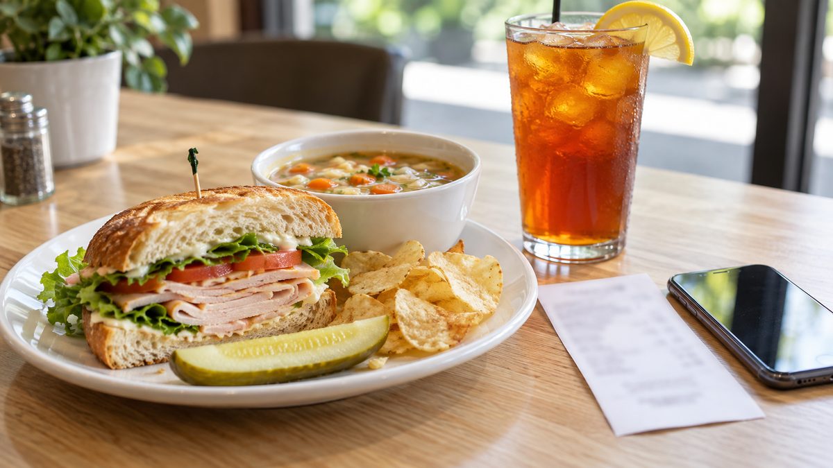 Deli sandwich, cup of soup and a large iced tea on a cafe table