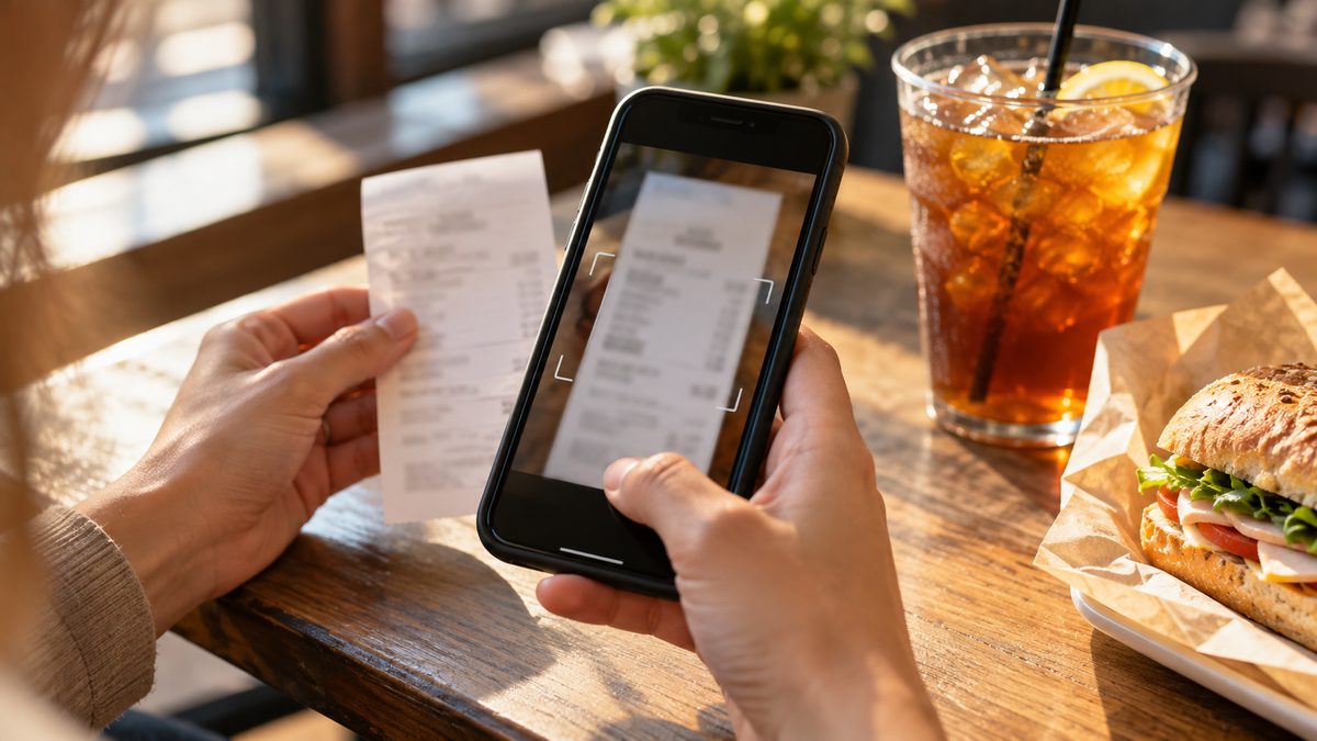 Person scanning a restaurant receipt with a smartphone at a cafe table
