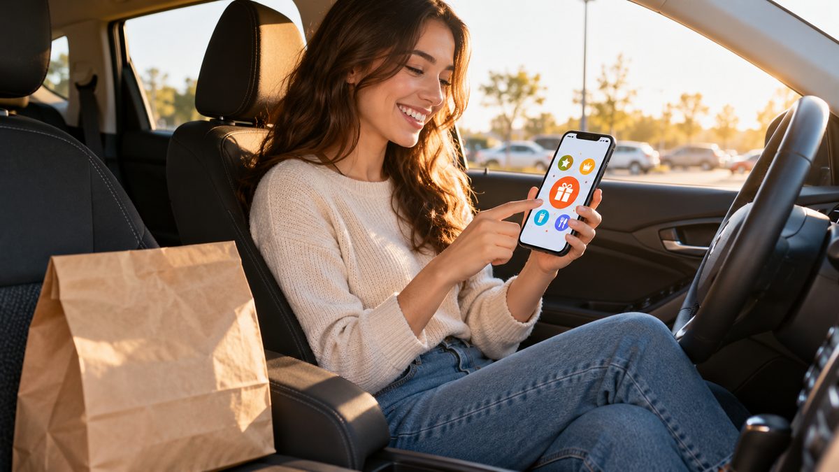 Smiling woman in a parked car checking a rewards app with a takeout bag on the seat