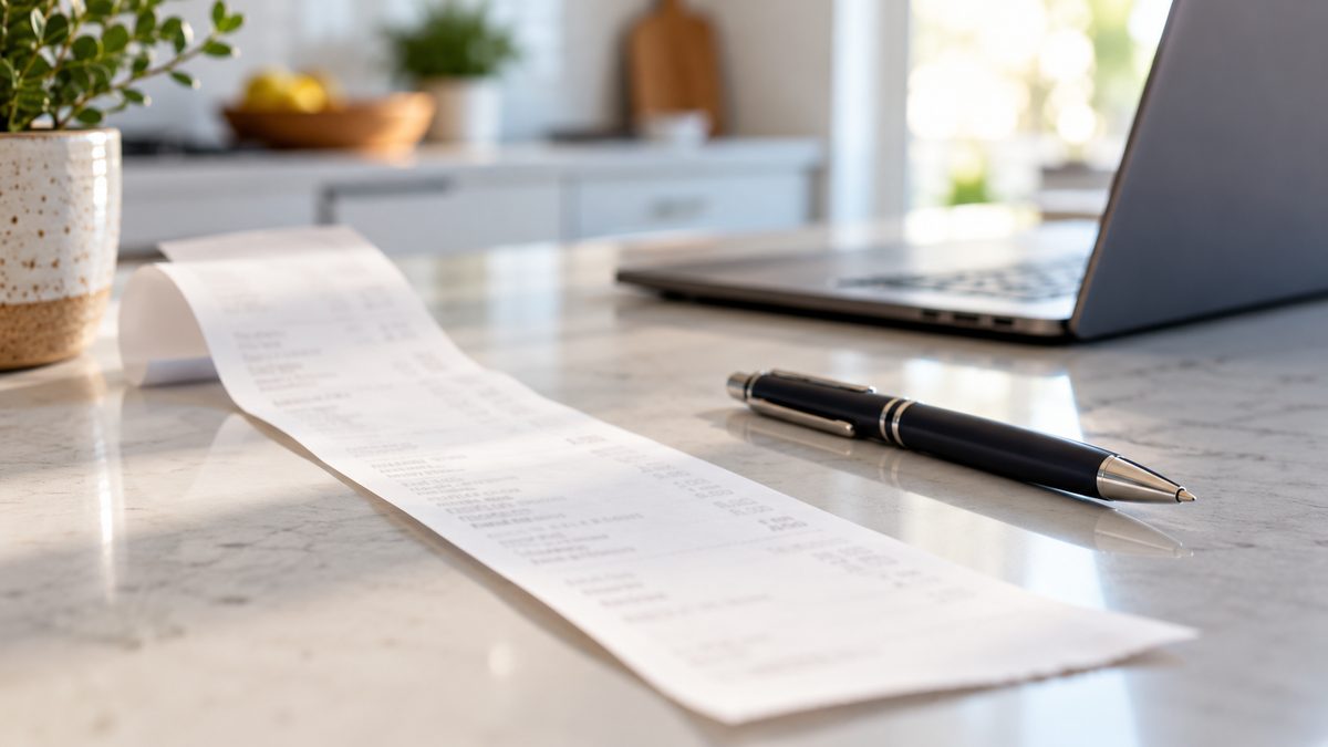 Long receipt and a pen on a kitchen counter, ready to write a validation code