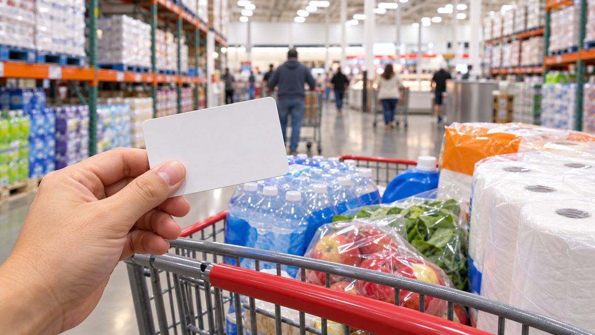 Shopper holding a membership card and a shopping receipt next to a cart of household items