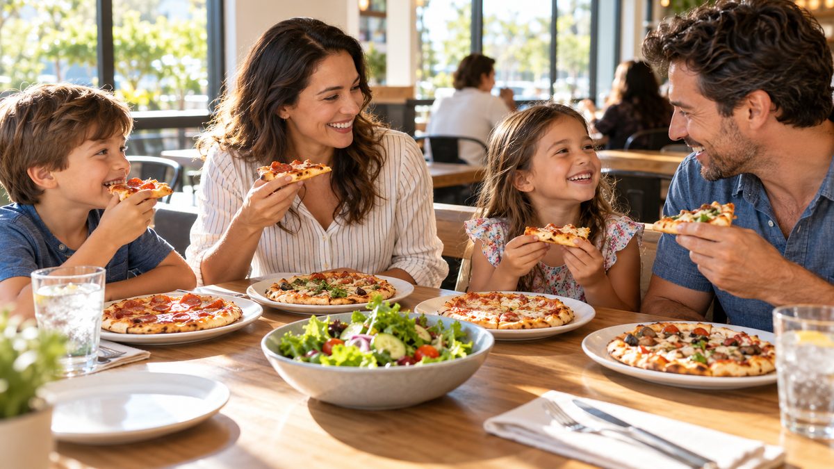Family with young kids sharing personal pizzas and a salad at a sunny restaurant table