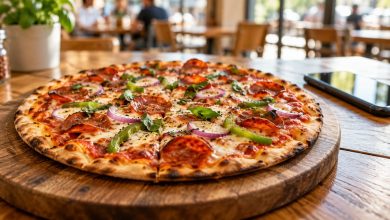 Fresh personal pizza with colorful toppings next to a smartphone in a bright restaurant