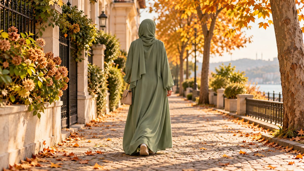 Woman seen from behind in a long sage-green abaya and matching hijab walking down a sunny autumn street