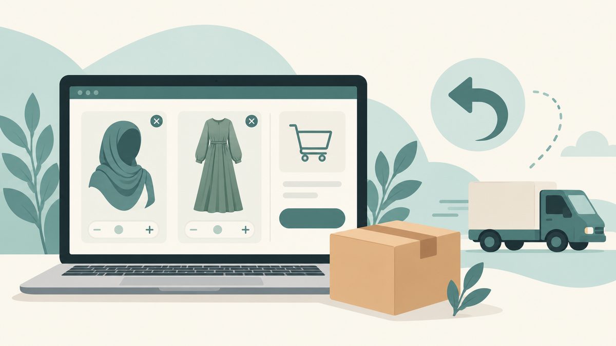 Illustration of an online shopping cart with a hijab and dress, a delivery box and a return arrow, representing free shipping and easy returns