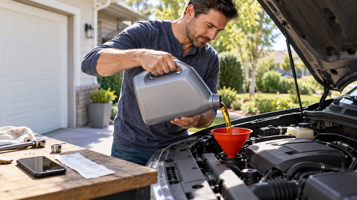 Person changing their own engine oil at home with a five-quart jug of motor oil