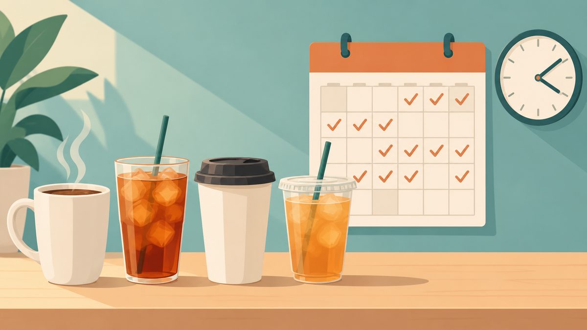 Illustration of a coffee subscription with refillable cups and a monthly calendar