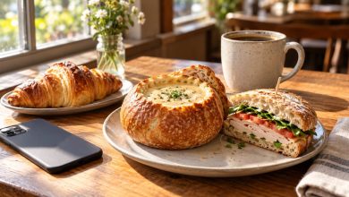 Fresh bread bowl soup, sandwich and coffee on a bakery cafe table