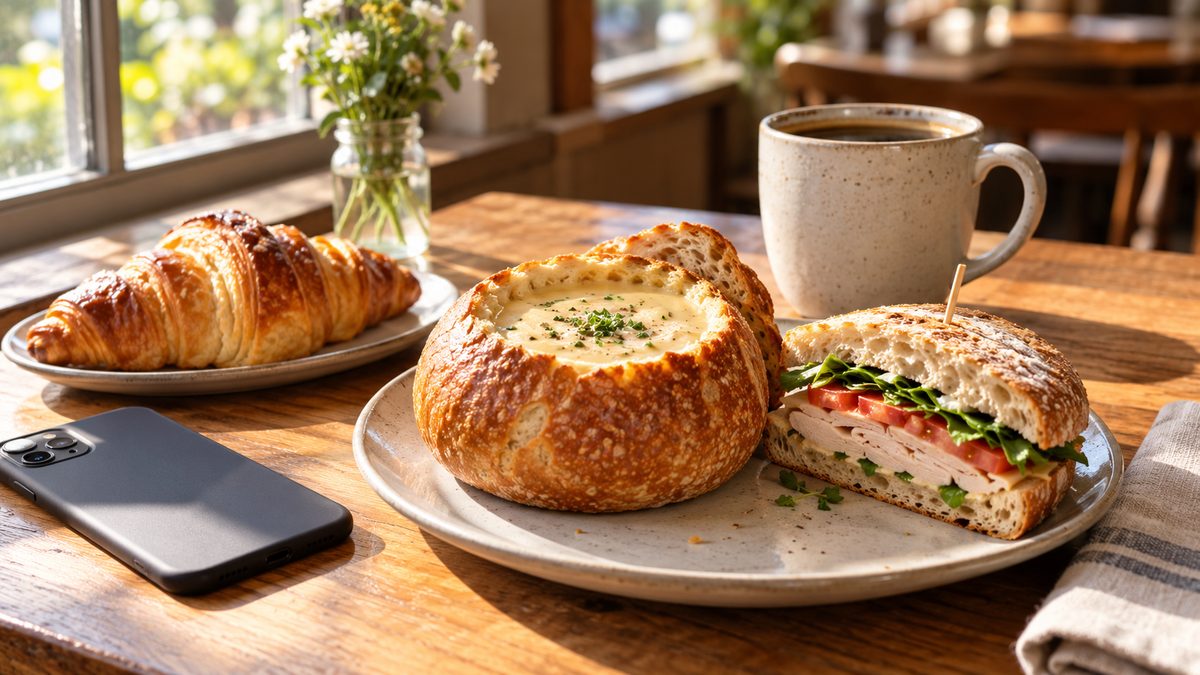 Fresh bread bowl soup, sandwich and coffee on a bakery cafe table