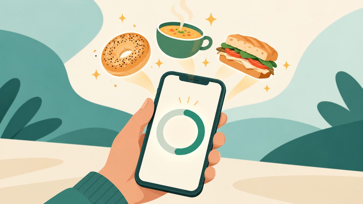 Illustration of a phone app showing a loyalty points balance growing with each purchase