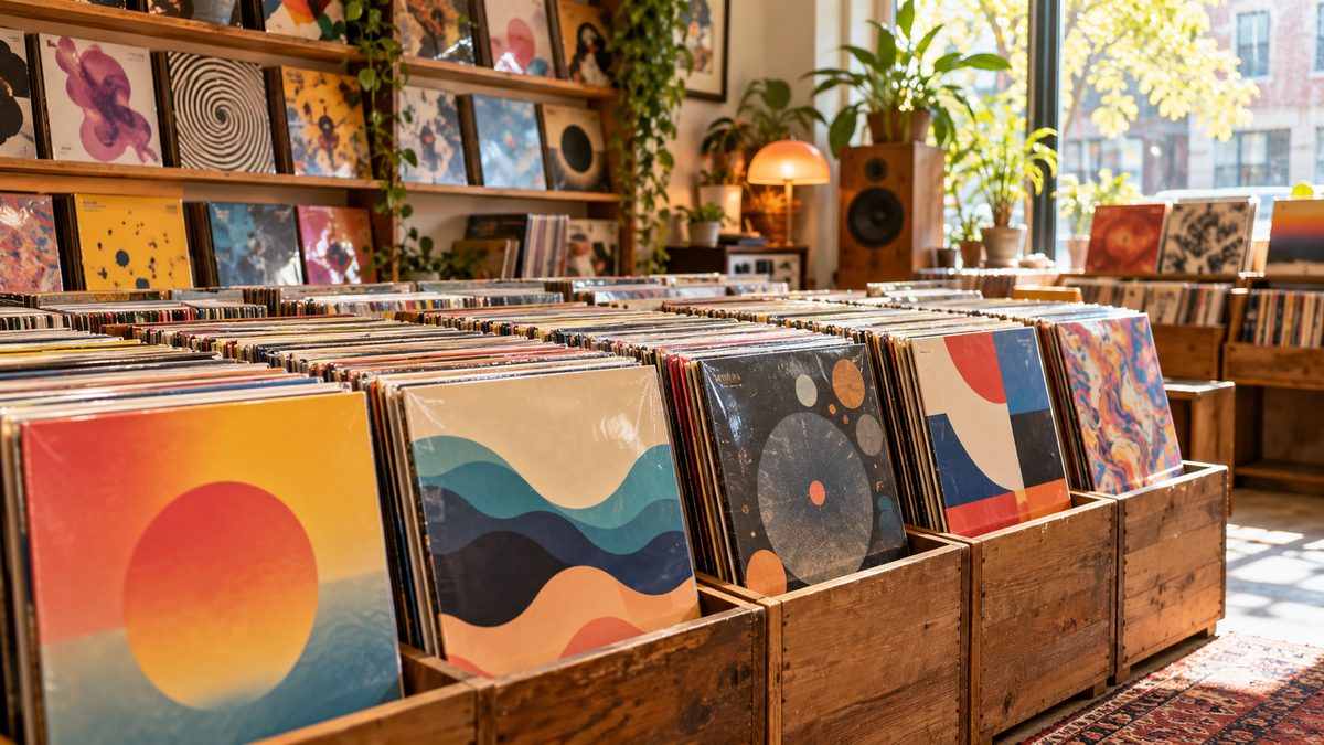 Colorful vinyl records in crates at an independent record store