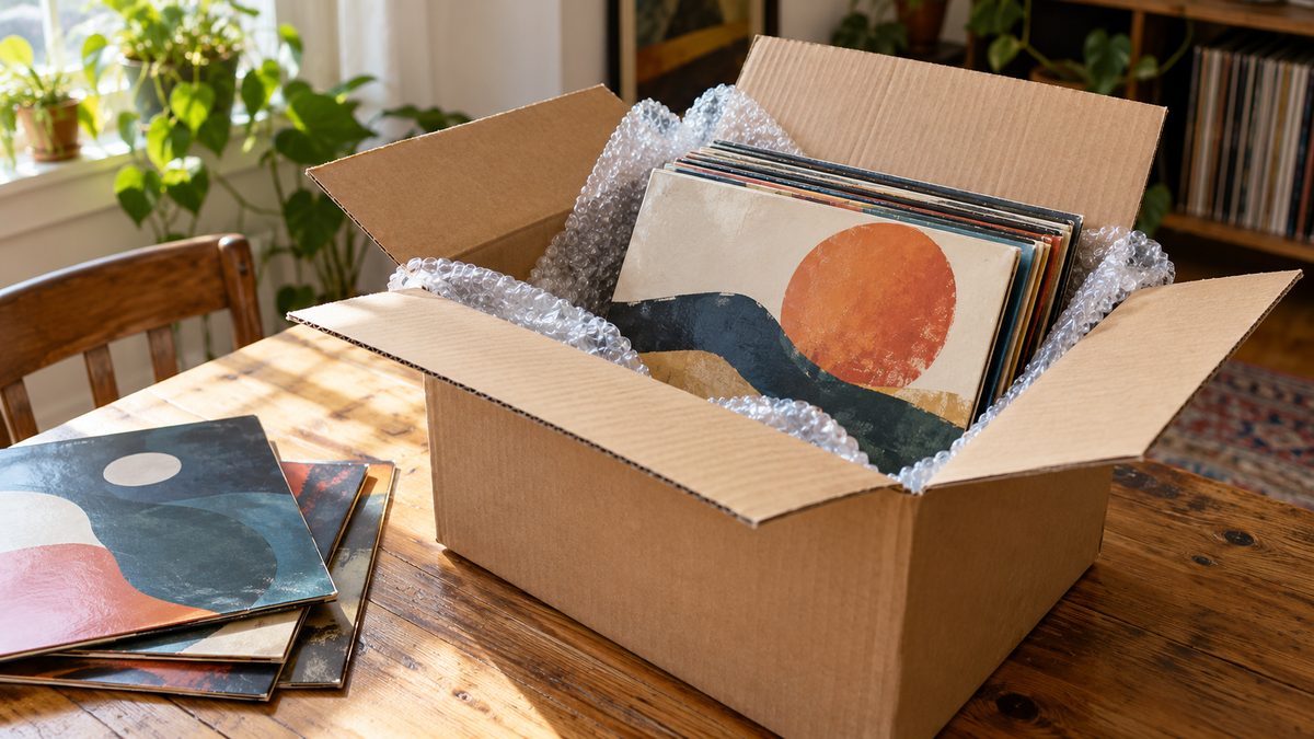 Vinyl records packed with bubble wrap in a shipping box