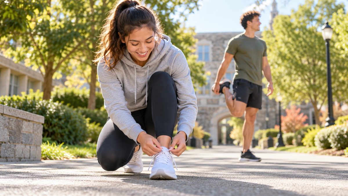 Young adult in athletic sneakers lacing up before a morning run
