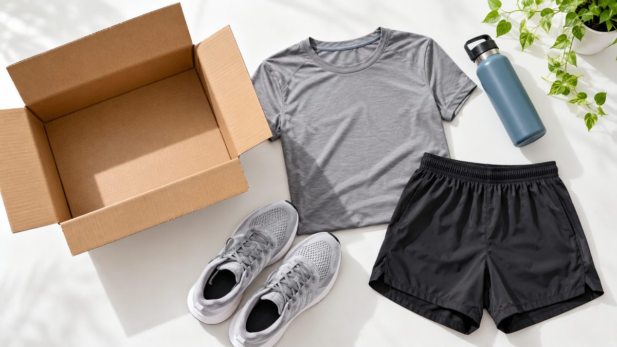 Pair of running shoes and workout gear laid out next to a shipping box