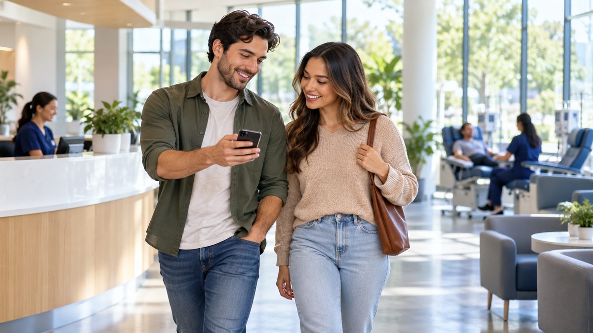Two friends arriving together at a bright plasma donation center, one sharing a referral on her phone