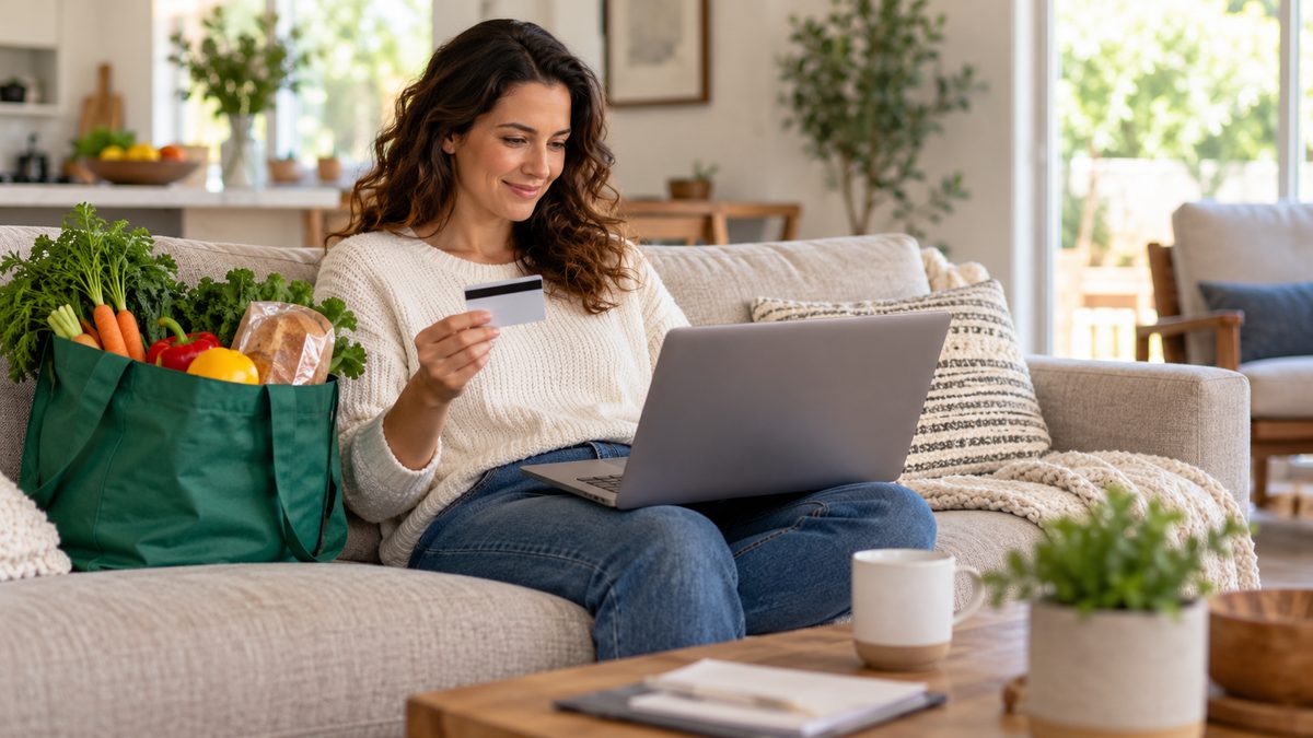Shopper reviewing an online grocery order on a laptop next to a reusable shopping bag