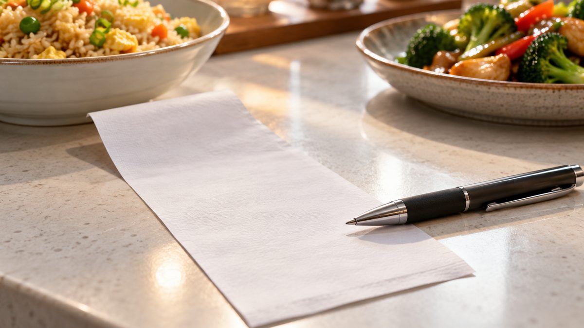 Blank receipt and pen on a counter beside fried rice and stir-fried vegetables