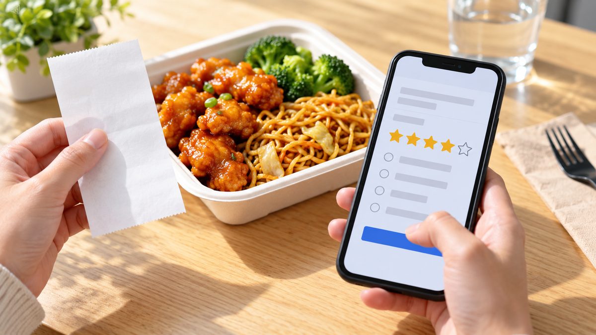 Hands holding a receipt and a phone survey next to orange chicken, noodles and broccoli