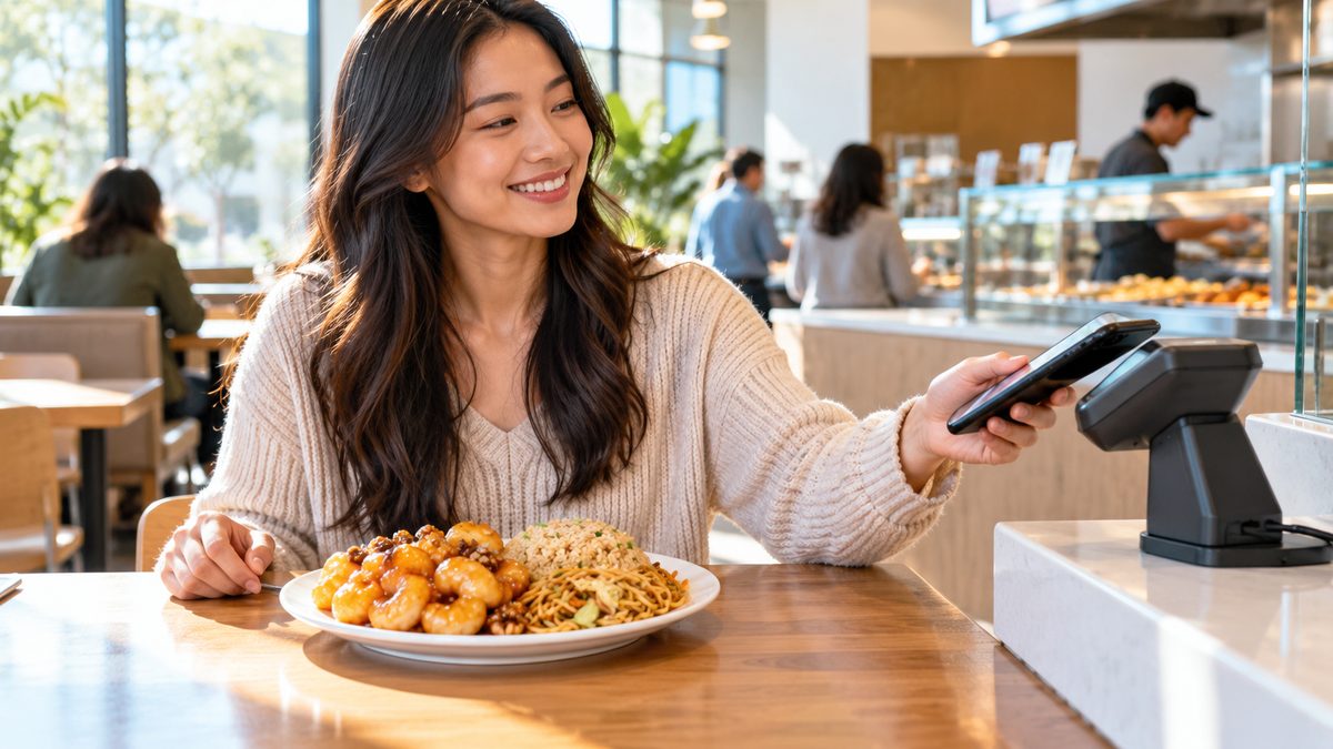 Smiling woman paying with her phone at a counter with a plate of shrimp and noodles