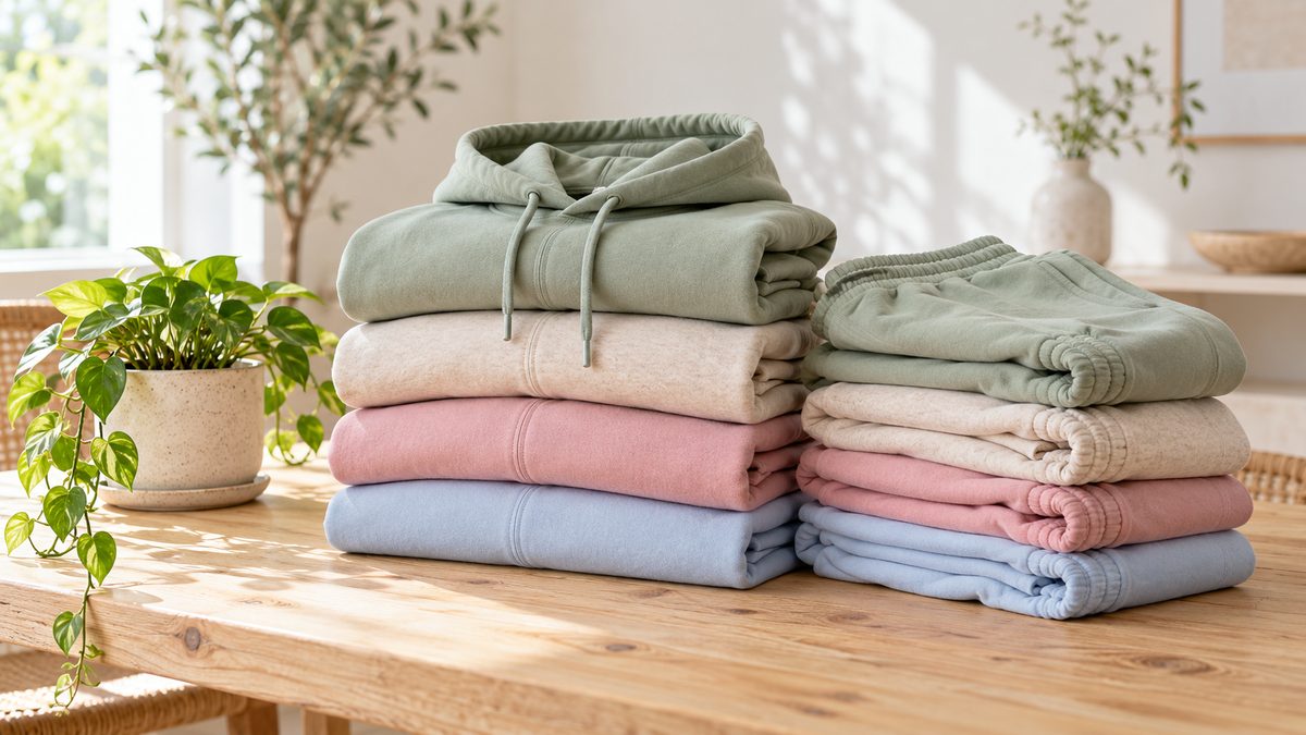 Stack of soft-colored cotton hoodies and sweatpants on a wooden table