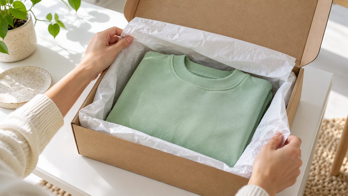 Hands unboxing a mint green sweatshirt from a recycled kraft box