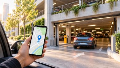 Driver holding a smartphone with a parking map while entering a bright city parking garage