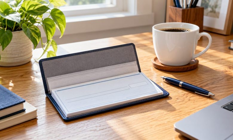 Personalized checkbook and pen on a bright wooden desk next to a coffee cup