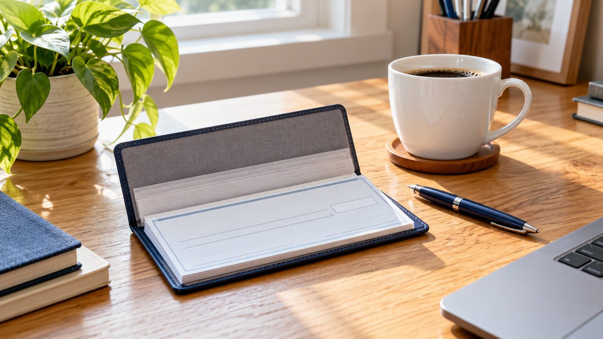 Personalized checkbook and pen on a bright wooden desk next to a coffee cup