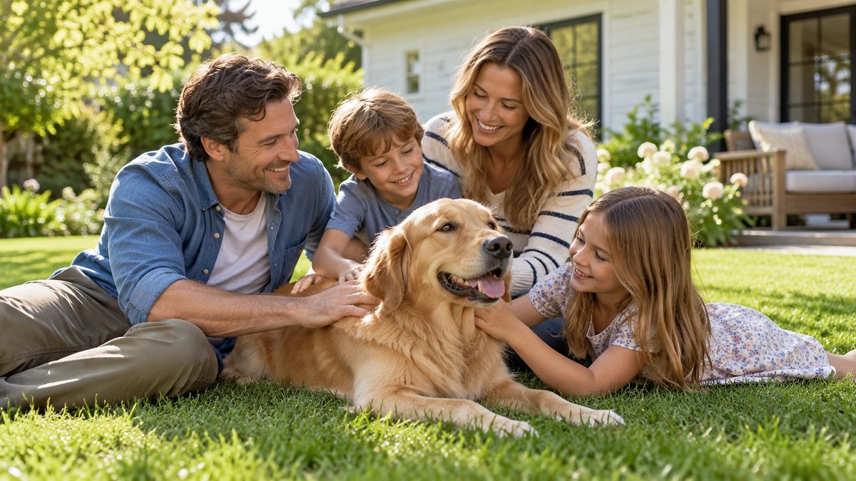 Family with a golden retriever relaxing on a backyard lawn